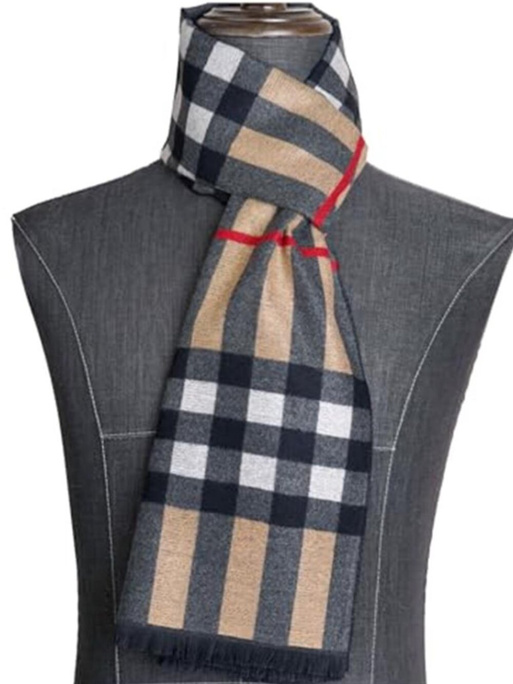 Men's Gray Tan Plaid Winter Scarf 71" Cashmere Feel Soft Warm Fringe Long Wrap